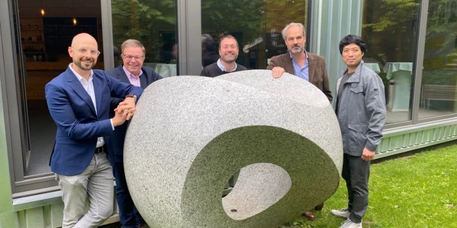 Letzte gemeinsame Programmpräsentation im St. Galler Umbau: Operndirektor Jan Henric Bogen, Direktor Werner Signer, Schauspieldirektor Jonas Knecht, Konzertdirektor Florian Scheiber und Kinsun Chan, der Leiter der Tanzkompanie (von links).