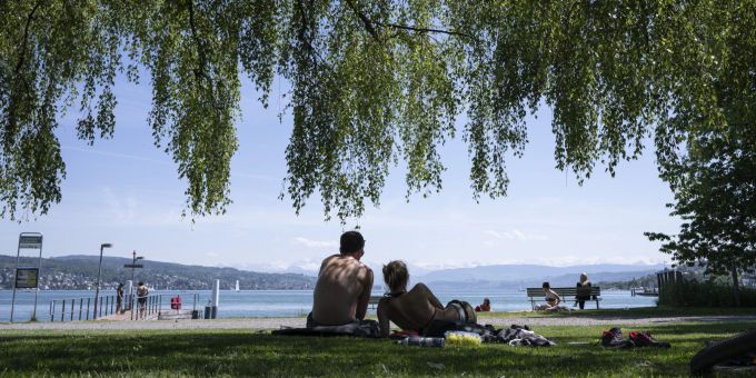 Eine Frau und ein Mann geniessen das Wetter im Schatten unter einem Baum auf der Landiwiese in Zürich. Landiwiese