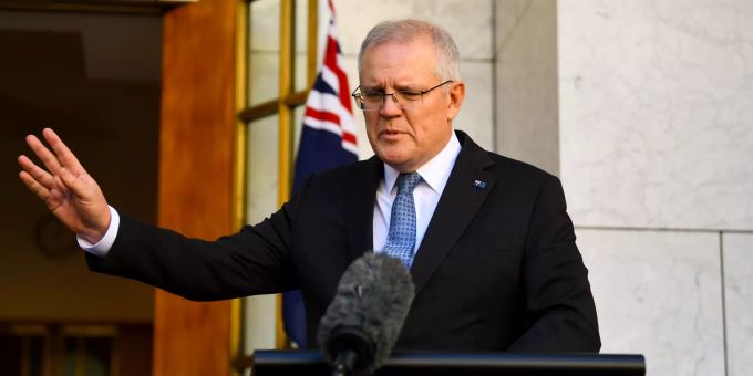 Australiens Premierminister Scott Morrison spricht am 10. August 2021 in Canberra an einer Pressekonferenz zum Thema Klima. Australian Prime Minister climate press conference in Canberra