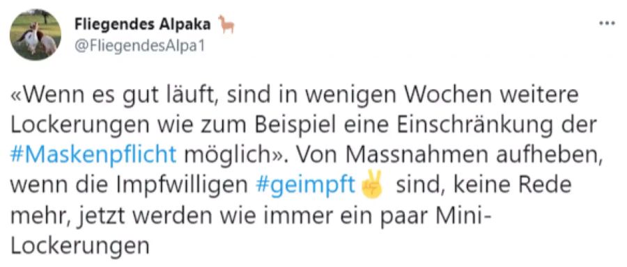 User «Fliegendes Alpaka» fürchtet, dass es statt der Massnahmen-Aufhebung ein paar Minilockerungen geben wird.