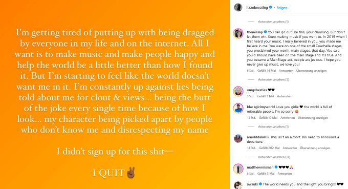 Lizzo verkündet auf Instagram ihren Abschied. lizzo