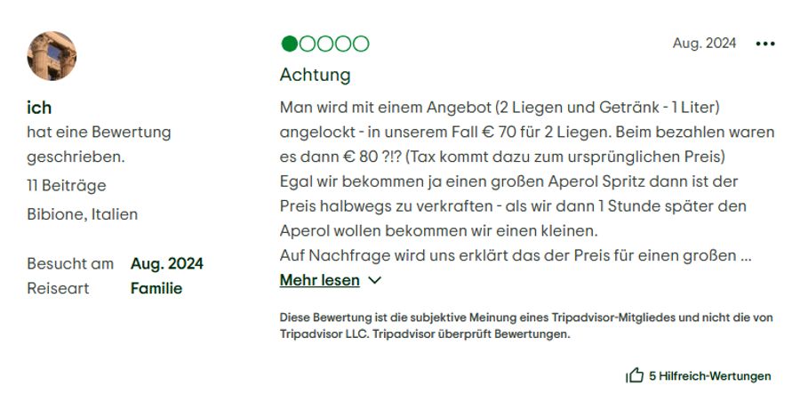1000 Menschen beschweren sich auf Tripadvisor über die Preise.