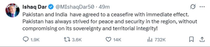 Der X-Post von Pakistans Aussenminister Ishaq Dar auf der Plattform X. Ishaq Dar