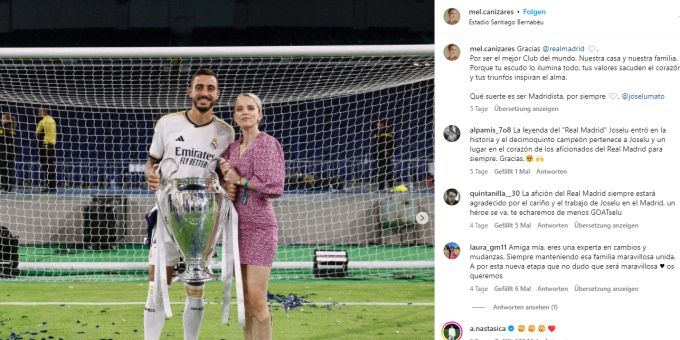 Joselu und seine Ehefrau Melanie Cañizares posieren mit der CL-Trophäe. real madrid