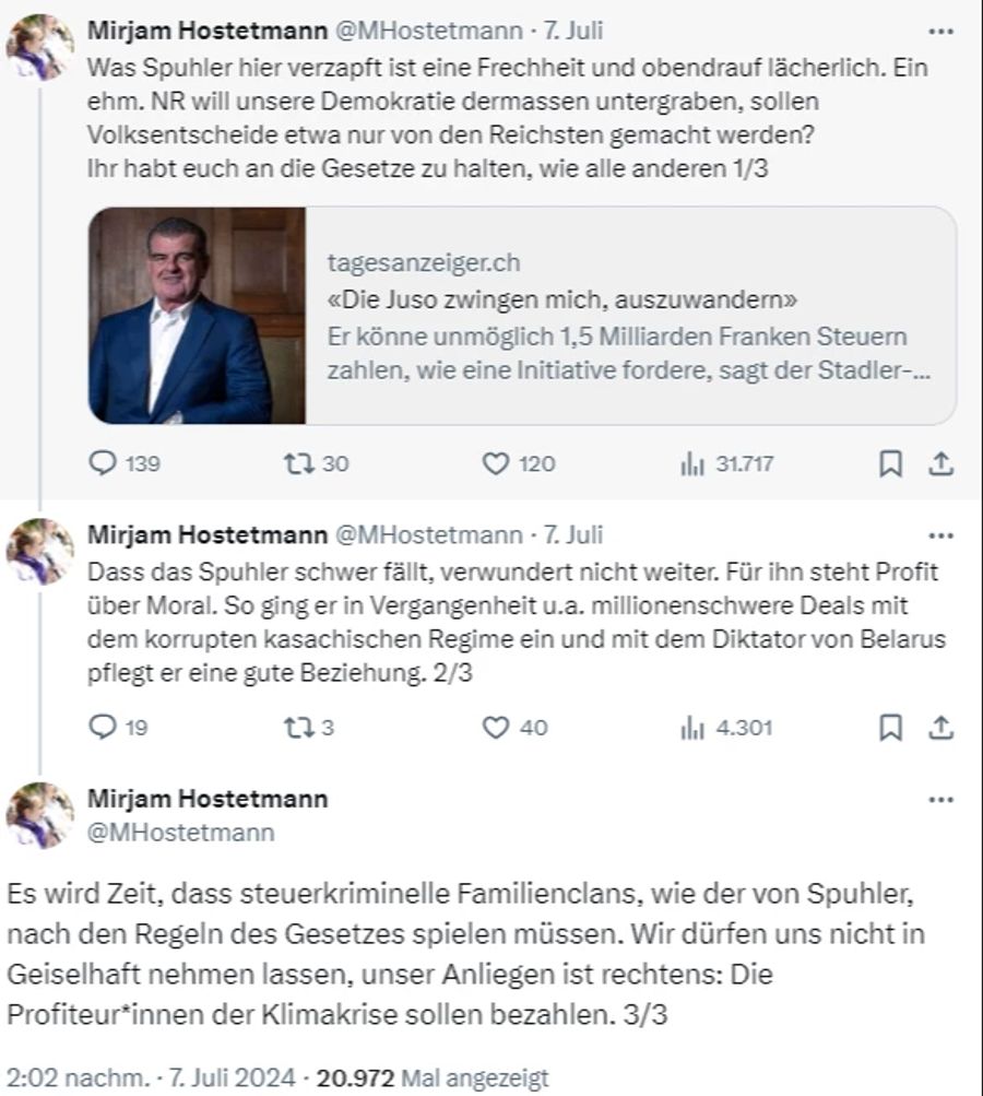 Mirjam Hostetmann hat auf Spuhlers Aussagen in der Sonntagszeitung reagiert und spricht in ihrem Tweet unter anderem von «steuerkriminellen Familienclans».