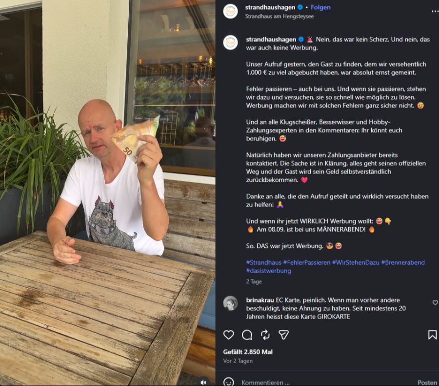 Der Beitrag liess die Kommentarspalte explodieren – viele hielten die Geschichte für einen Witz. Der Wirt stellte deshalb in einem neuen Video klar: «Nein, das ist kein Schwerz.»