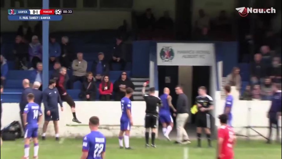 Der Schiedsrichter zeigt Paul Tansey auf dem Weg in die Kabine die Rote Karte.