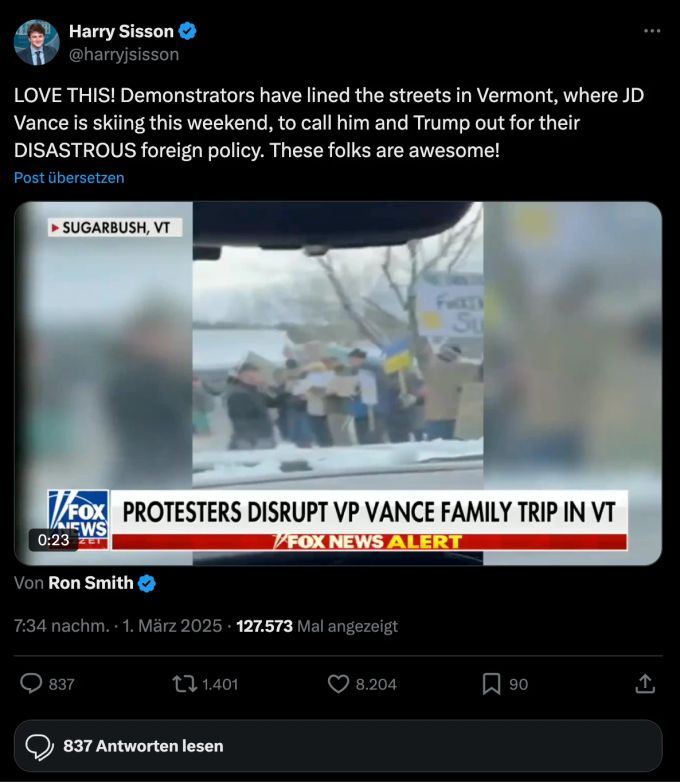 Im geplanten Ski-Urlaub in Vermont wurde J.D. Vance von Demonstranten empfangen. Vance Demonstranten