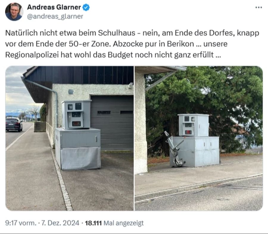 Über diesen Blitzer in Berikon AG regt sich SVP-Nationalrat Andreas Glarner in seinem X-Post auf.