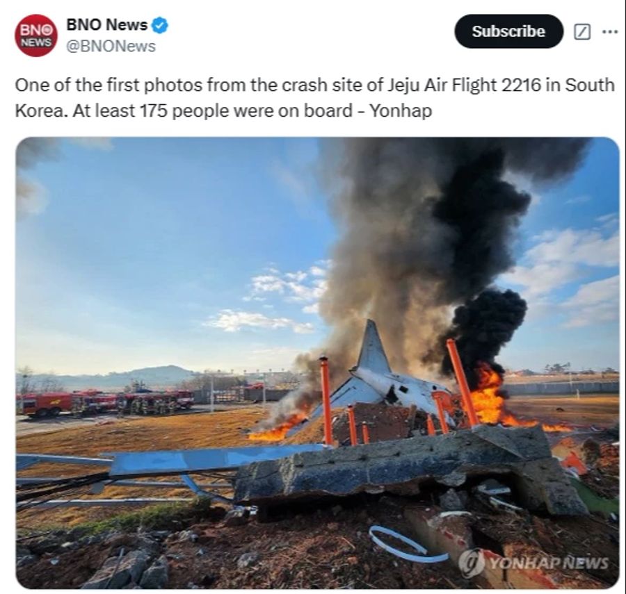 Eines der ersten Fotos, die von dem verunglückten Flugzeug in Südkorea gezeigt wurden.