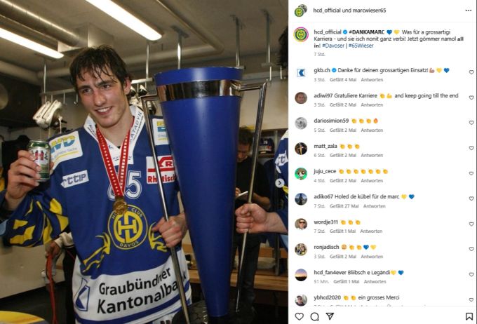 Der HC Davos lobt die «grossartige Karriere» von Marc Wieser auf Instagram. HC Davos