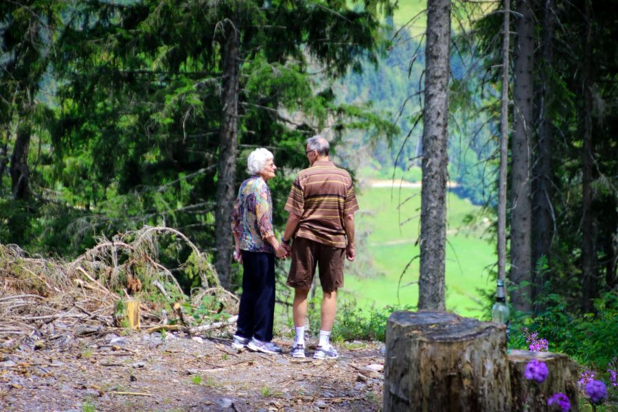 Senioren wandern im Wald.