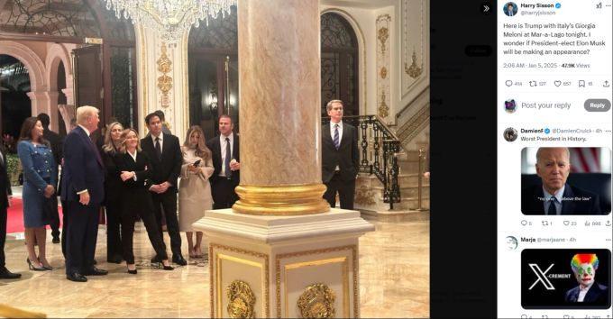 Auf diesem Foto ist italiens Ministerpräsidentin Giorgia Meloni mit dem designierten US-Präsidenten Donald Trump zu sehen. Neben Meloni steht auch Marco Rubio, der US-Aussenminster werden soll. Donald Trump