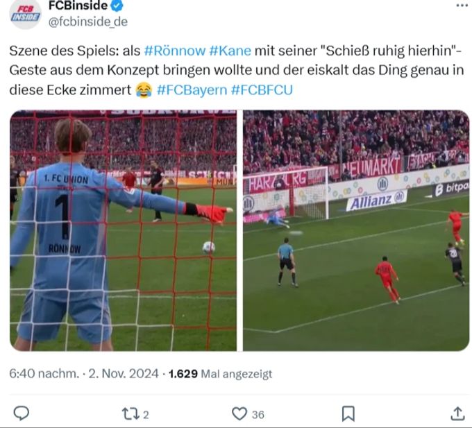 Harry Kane lässt sich von Union-Goalie Rönnow nicht verwirren. Bayern München Harry Kane