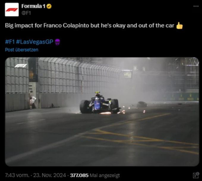 Franco Colapinto schlägt beim Qualifying zum Las-Vegas-GP der Formel 1 mit über 50G in die Mauer ein. Franco Colapinto Formel 1