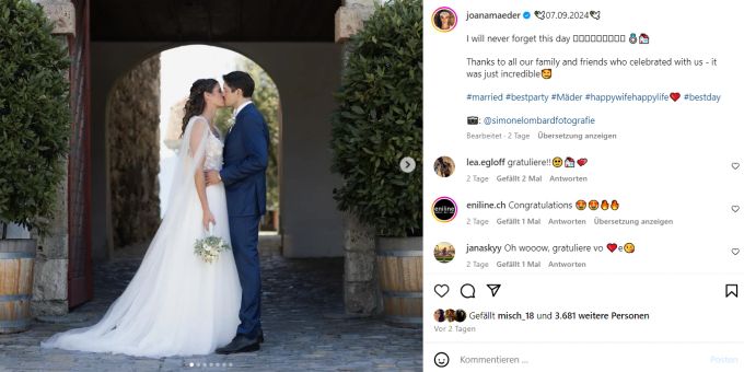 Am 7. September feierten Beachvolleyballerin Joana Mäder und Eishockey-Profi Stefan Mäder ihre Hochzeit. Joana Mäder