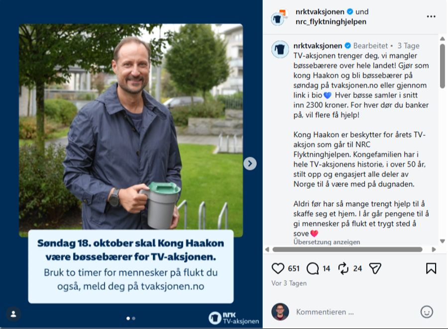 König Haakon geht heute als Spendensammler in Norwegen von Tür zu Tür.