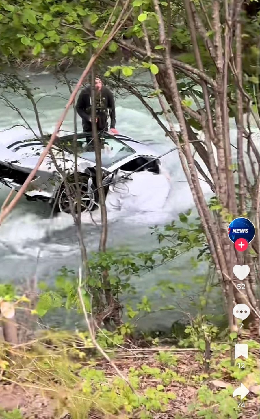 Der Lenker blickt im Wasser stehend den Einsatzkräften entgegen.