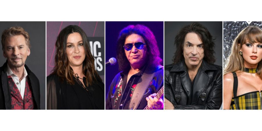 Neben Taylor Swift (rechts)  werden weitere Musikerinnen und Musiker in die Songwriters Hall of Fame aufgenommen (von links): Kenny Loggins, Alanis Morissette, Gene Simmons und Paul Sta...