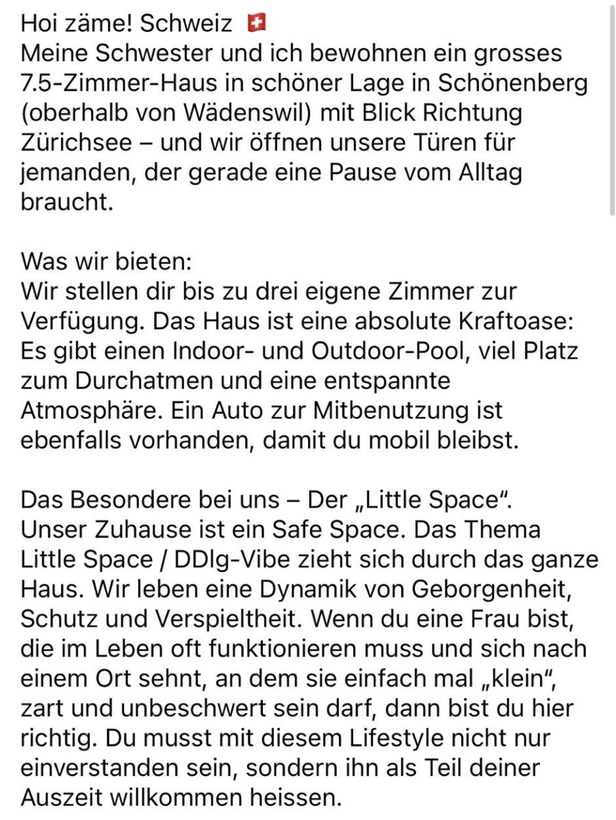 Im Facebook-Inserat wirbt der Anbieter mit einem grossen Haus, Pool, Garten und einem «Little Space / DDLG-Vibe».