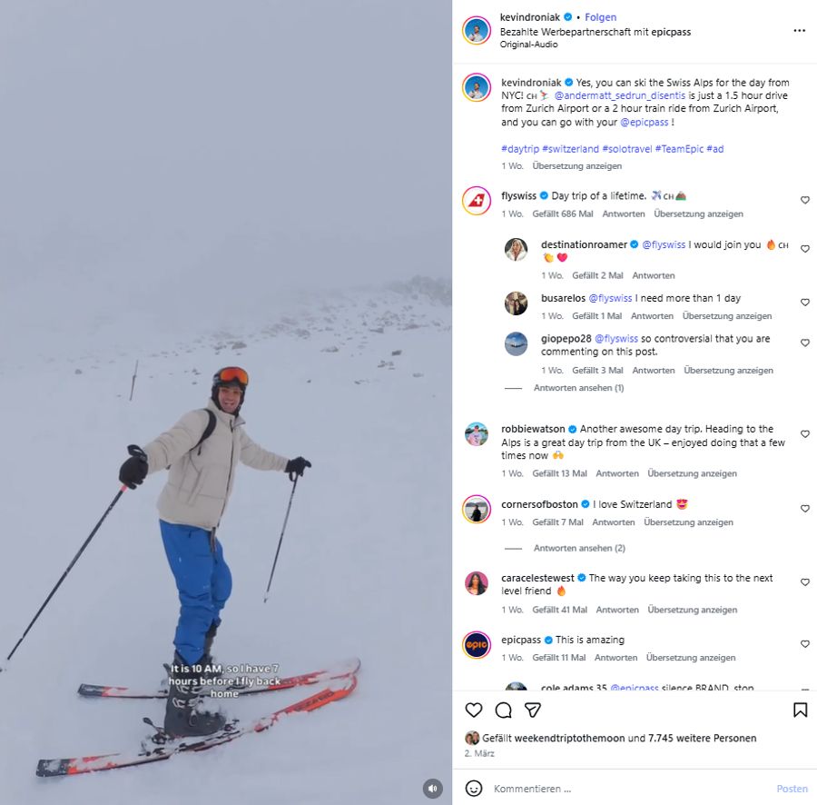 Dazwischen stand der Influencer in Andermatt auf der Skipiste.