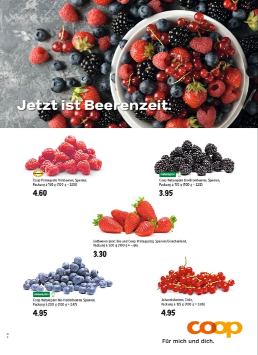 Dieses Inserat von Coop erzürnt Schweizer Beerenproduzenten: Darin wirbt Coop für Beeren aus Spanien, Griechenland und Chile.