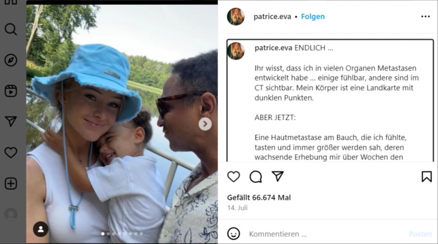 Patrice zeigt sich hier lächelnd mit ihrer Tochter im Arm.