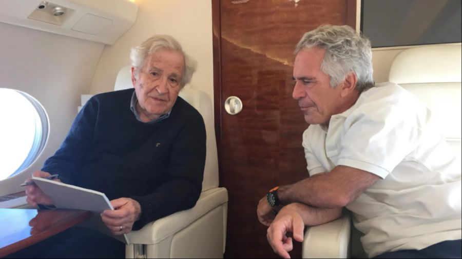Ein Foto zeigt Jeffrey Epstein (r.) im Gespräch mit Noam Chomsky (l.)