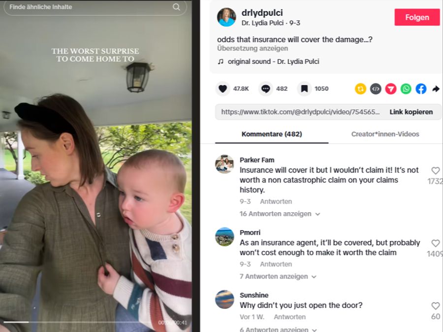 Die junge Mutter eilt mit ihrem Sohn auf dem Arm erschrocken nach draussen.