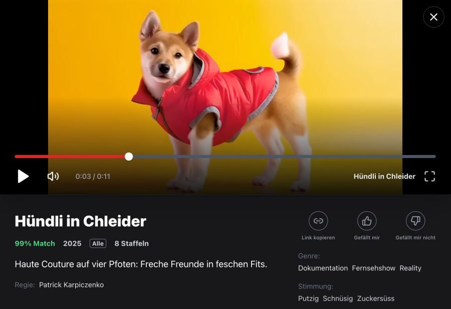 Auf der Seite sind KI-Inhalte wie der Film «Hündli in Chleider» zu sehen.