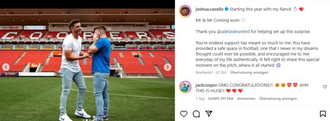 Josh Cavallo und sein Partner haben sich im Stadion verlobt. Josh Cavallo