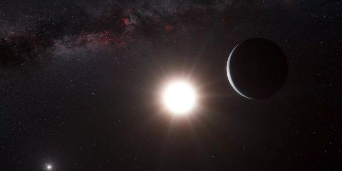 Die Darstellung zeigt, wie ein Planet um den Stern Alpha Centauri B kreist. Alpha Centauri B Planet