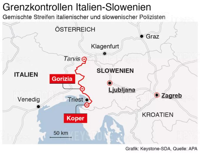 Grafik der SDA vom Montag, 1. Juli 2019, zu den Grenzkontrollen zwischen Italien und Slowenien. Grafik Grenzkontrolle SDA