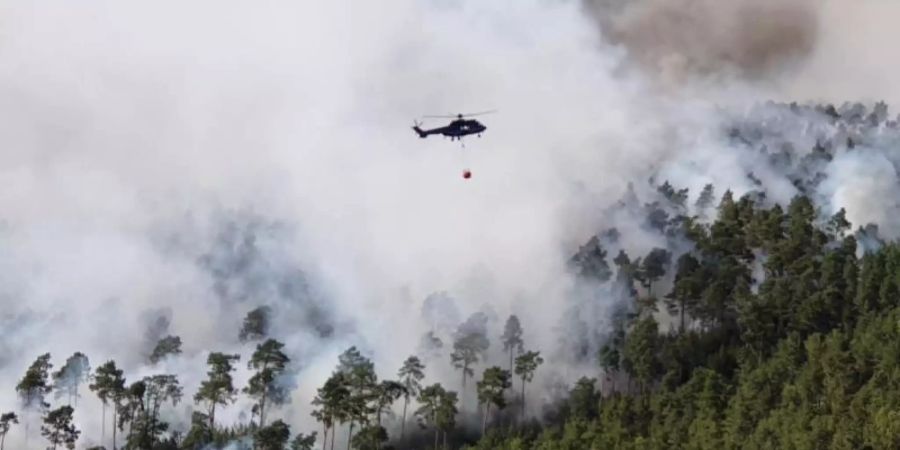 Ein Hubschrauber der Bundespolizei fliegt bei Löscharbeiten über einem Waldstück in der Lieberoser Heide. Foto: Bundespolizei