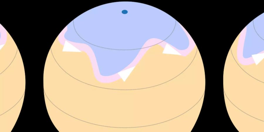 Die Entstehung von Rossby-Wellen in der nördlichen Hemisphäre. Zwischen den kalten Luftmassen im Norden (blau) und den warmen Luftmassen im Süden (orange) entstehen Rossby-Wellen im Jetstream (a und b). Es kann auch zur Abtrennung eines Kaltlufttropfens kommen (c). Bild: Wikimedia Commons/ Fred the Oyster