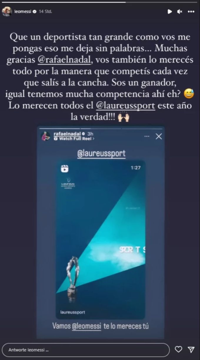 Lionel Messi antwortet via Instagram auf die Unterstützung von Rafael Nadal. Lionel Messi