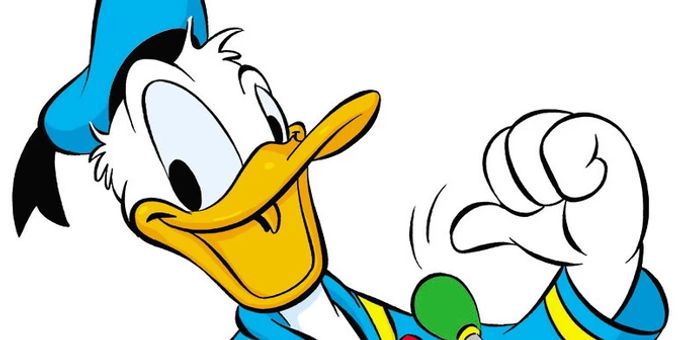 Disney Comics: Comicfigur Donald Duck bei einer Rede in Entenhausen. disney comics