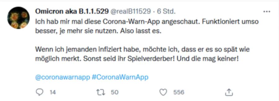 Auch die deutsche Corona-Warn-App ist beim Twitter-User «Omicron» ein Thema.