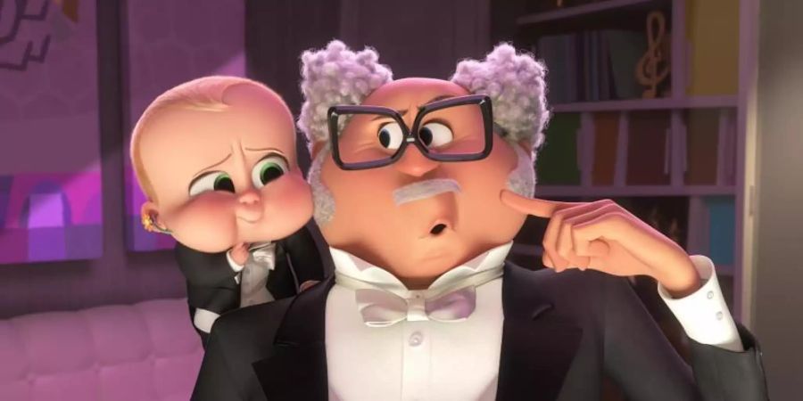 Ted Templeton (l) und Dr. Erwin Armstrong in einer Szene des Films "Boss Baby - Schluss mit Kindergartenl". Foto: -/DreamWorks Animation/dpa