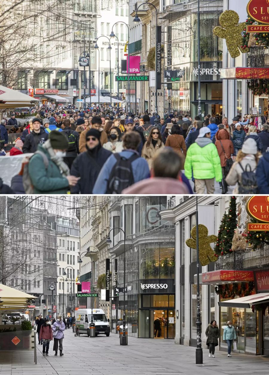 Das obere Bild zeigt die Kärntnerstrasse in Wien am Samstag, 20. November 2021. Unten ist dieselbe Strasse zwei Tage später, nach Inkrafttreten des Lockdowns, zu sehen.