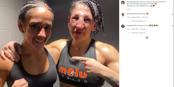 Miriam Gutierrez (r.) und ihre Gegnerin Amanda Serrano (l.) posieren nach dem Kampf. Boxen