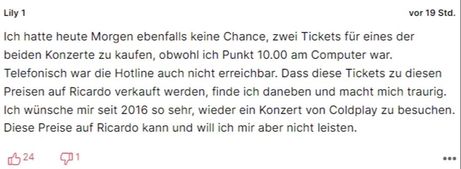 «Lily 1» wollte ans Coldplay-Konzert in Zürich – hatte aber «keine Chance».