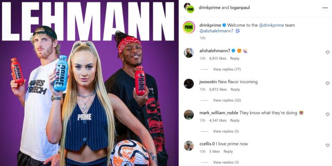 Alisha Lehmann wirbt neu für den Influencer-Energy-Drink Prime. Hinter ihr stehen die zwei Internet-Persönlichkeiten und Gründer der Marke, Logan Paul (links) und KSI (rechts). Alisha Lehmann