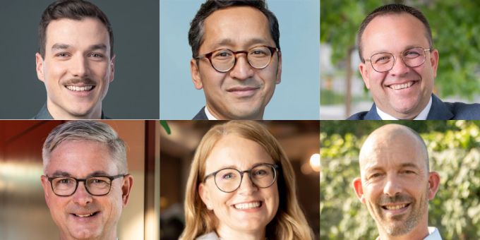 Die St. Galler Stadträte Arnold Mauchle (Grüne), Chompel Balok (SP), Felix Keller (FDP), Beat Rütsche (Mitte), Jacqueline Gasser-Beck (GLP), Donat Kuratli (SVP). (von links oben nach rechts unten) zVg