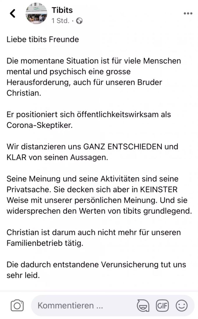 Tibits gibt die Trennung von Christian Frei auf Facebook bekannt. Tibits