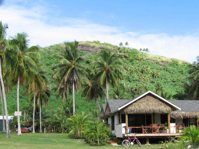 Kokospalmen rund um ein Haus in Aitutaki auf den Cook Inseln. Cook Inseln