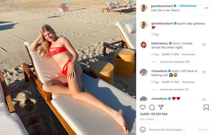 Im selben Bikini, am selben Tag am Strand. Wer hier wohl hinter der Kamera steckt? Klar, Valentintstag-Date Mason Rudolph lichtet. Eugenie Bouchard
