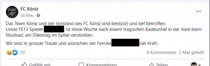 Der FC Köniz trauert um den in der Aare verunfallten Jungen, der Teil der FE-13 Mannschaft war. Fc Köniz Aare