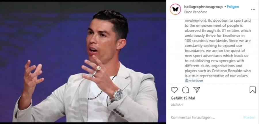 Auf der Firmen-Instagram-Seite lobt man Cristiano Ronaldo in höchsten Tönen.