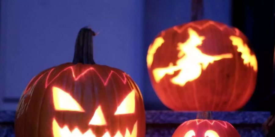 Geschnitzte Halloween-Kürbisse stehen vor einem Haus. Ärzte warnen davor, von Tür zu Tür zu gehen und nach Süssigkeiten zu fragen. Foto: Bernd Weissbrod/dpa
